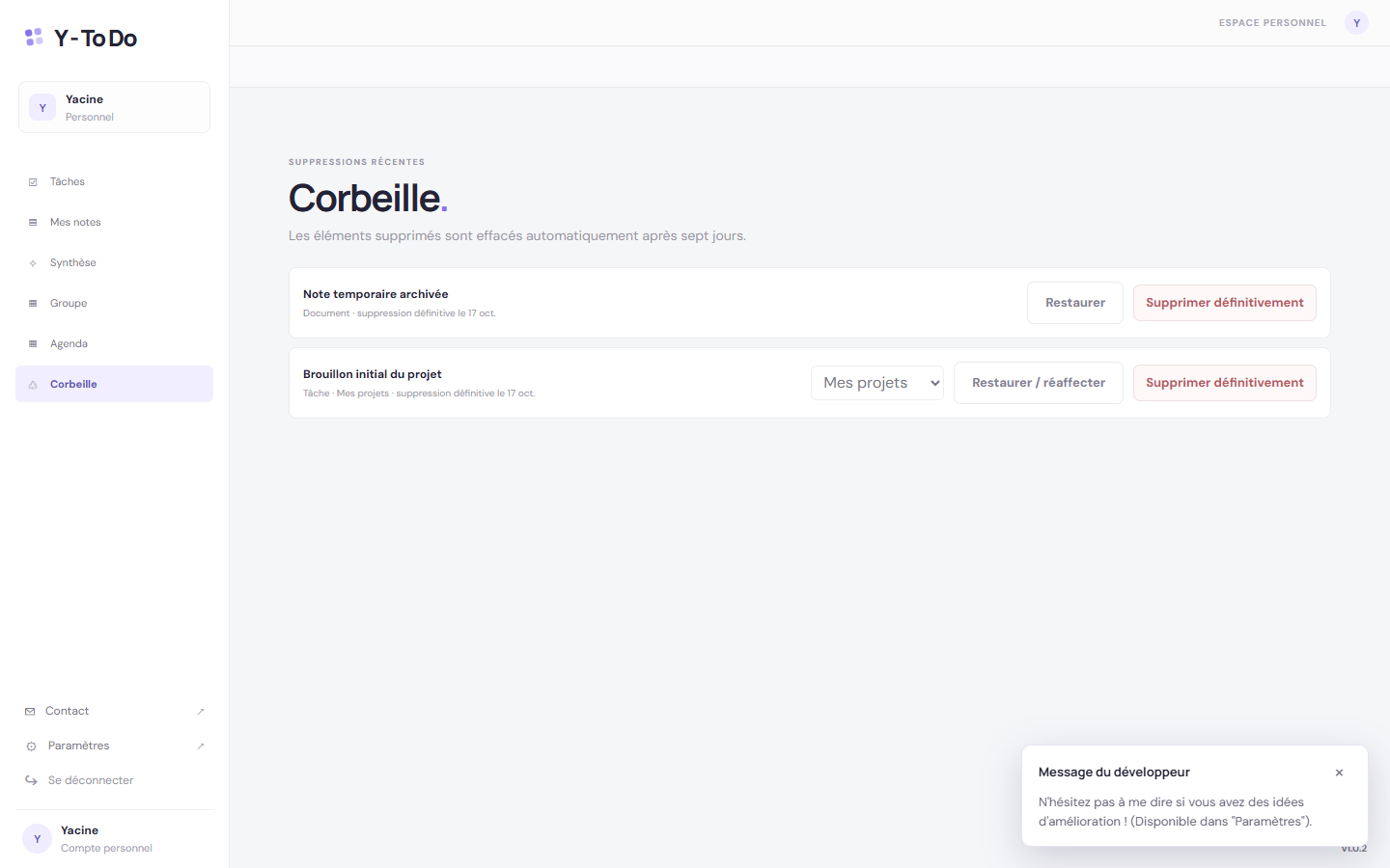 Interface réelle de la corbeille dans Y - To Do