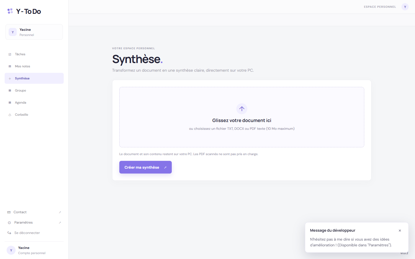 Interface réelle du module de synthèse de documents dans Y - To Do